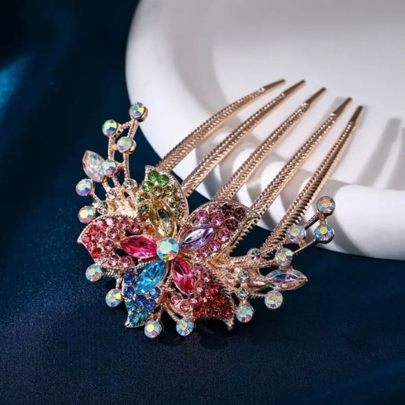 NEW Multicolor Crystal and Rhinestone Gold Hair Comb Accessory - Picture 3 of 3